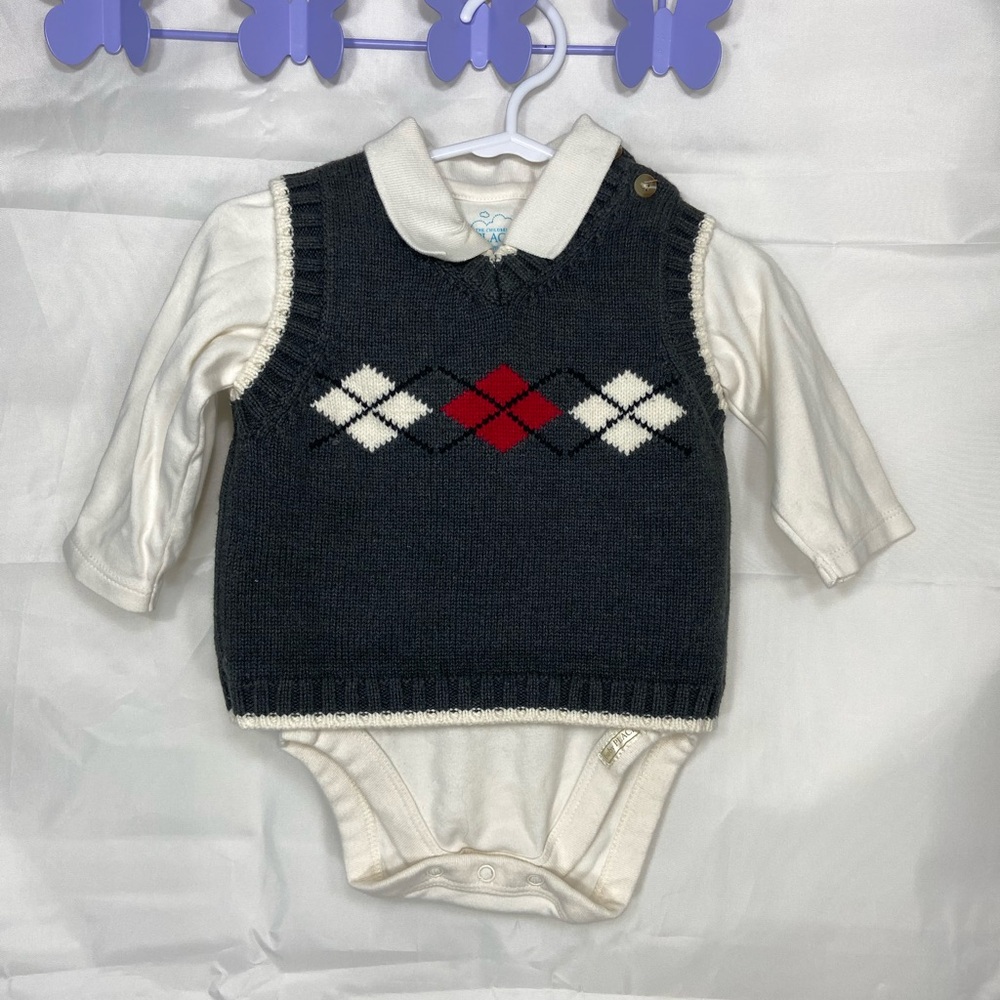 EUC Children’s Place baby boy’s cream long sleeve knit sweater vest onesie set